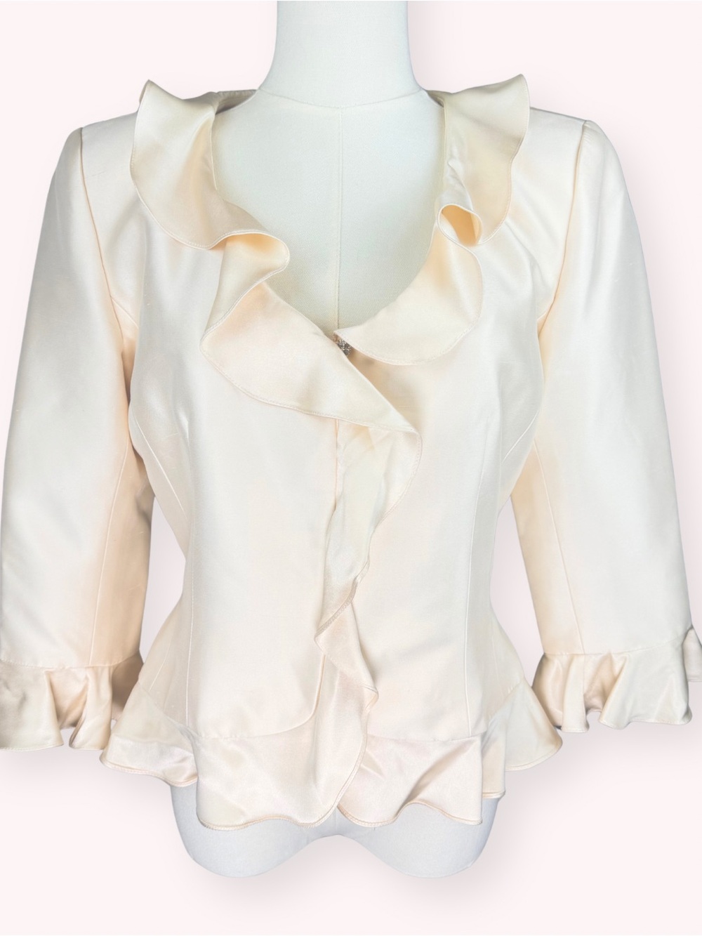 Kay Unger Vintage Ivory Satin Ruffle Jacket Blouse Rhinestone Buttons Size 8